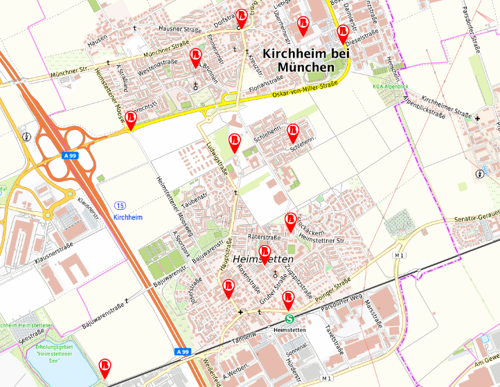 Es wird eine Karte von Kirchheim gezeigt, worauf die Sensorstandorte der Luftqualitätssensoren sieht.